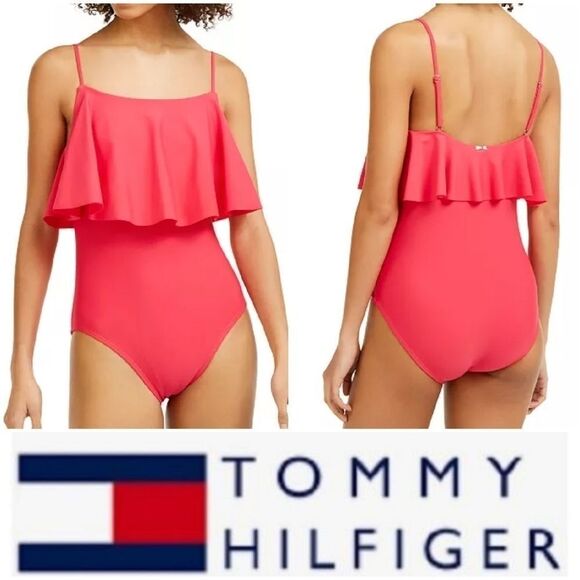 Tommy Hilfiger Women' pink ruffle Pop Over Swimsuit Size 14 - Picture 1 of 9